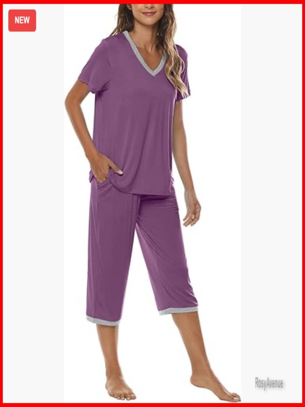 Women's Pajama Set Short Sleeve Top and Capri Pants with Pockets